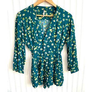 Free People O L'amour Romper Womens 2 Blue Green Floral Half Button Up Boho‎